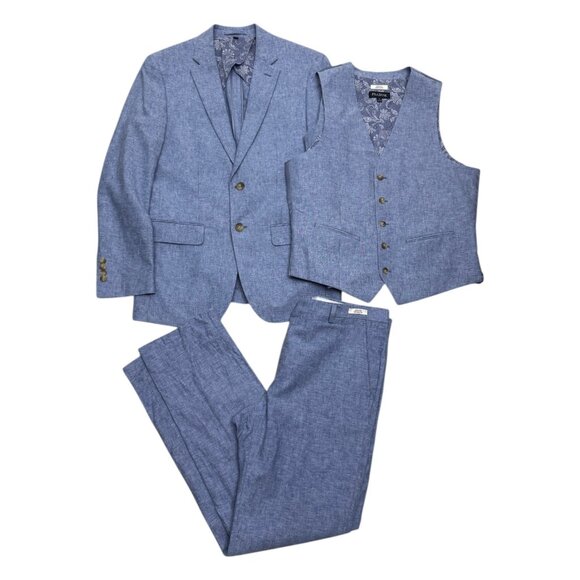JOS A BANK LINEN Slim Blue 3 Piece Business Casual Blazer Vest Pants Suit 38R - Picture 2 of 11